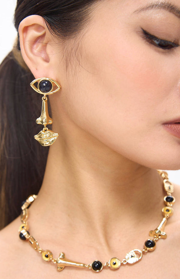 Nosa Vintage Golden Face Shape Necklace & Earrings Set.