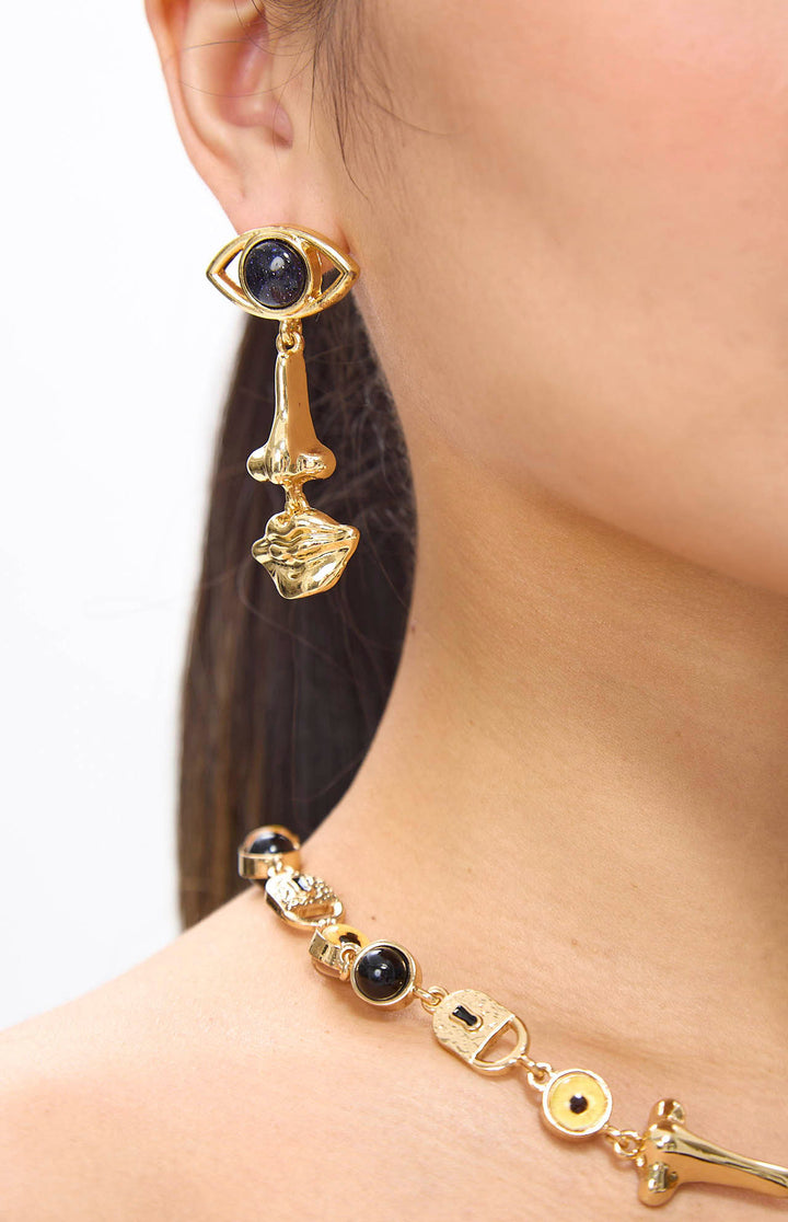 Nosa Vintage Golden Face Shape Necklace & Earrings Set.