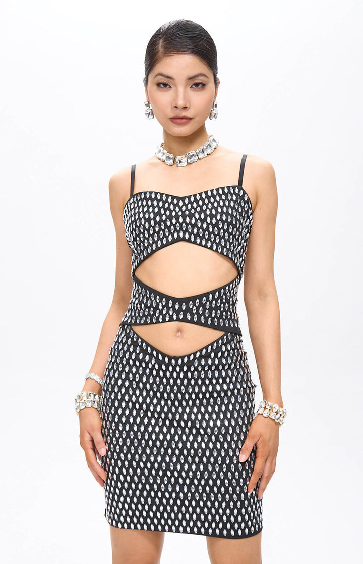 Nure Embellished Cut-Out Crystal Mini Dress Black.