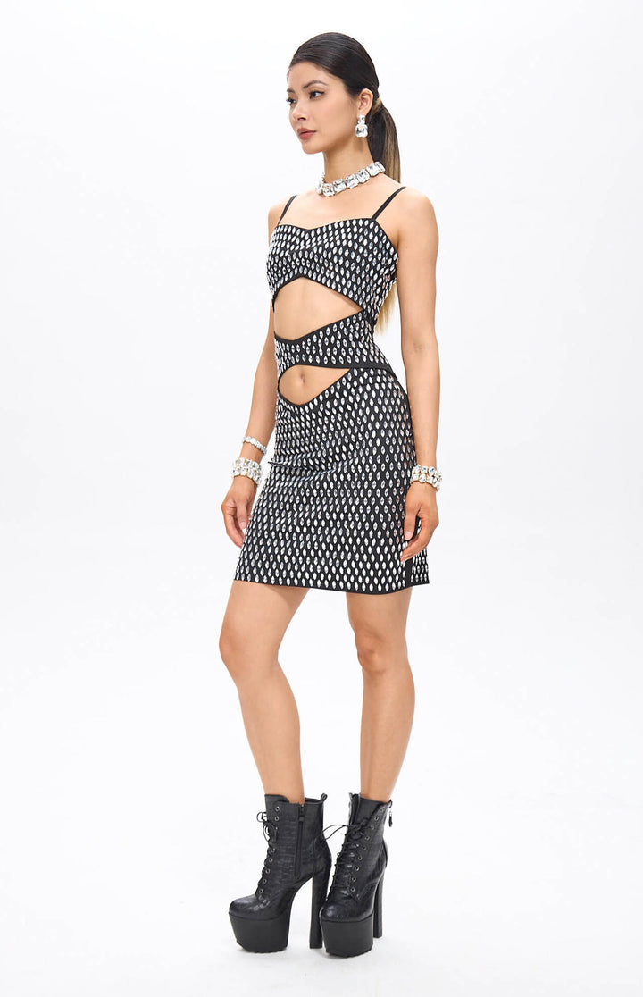 Nure Embellished Cut-Out Crystal Mini Dress Black.