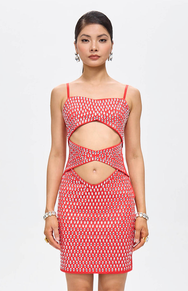 Nure Embellished Cut-Out Crystal Mini Dress Red.