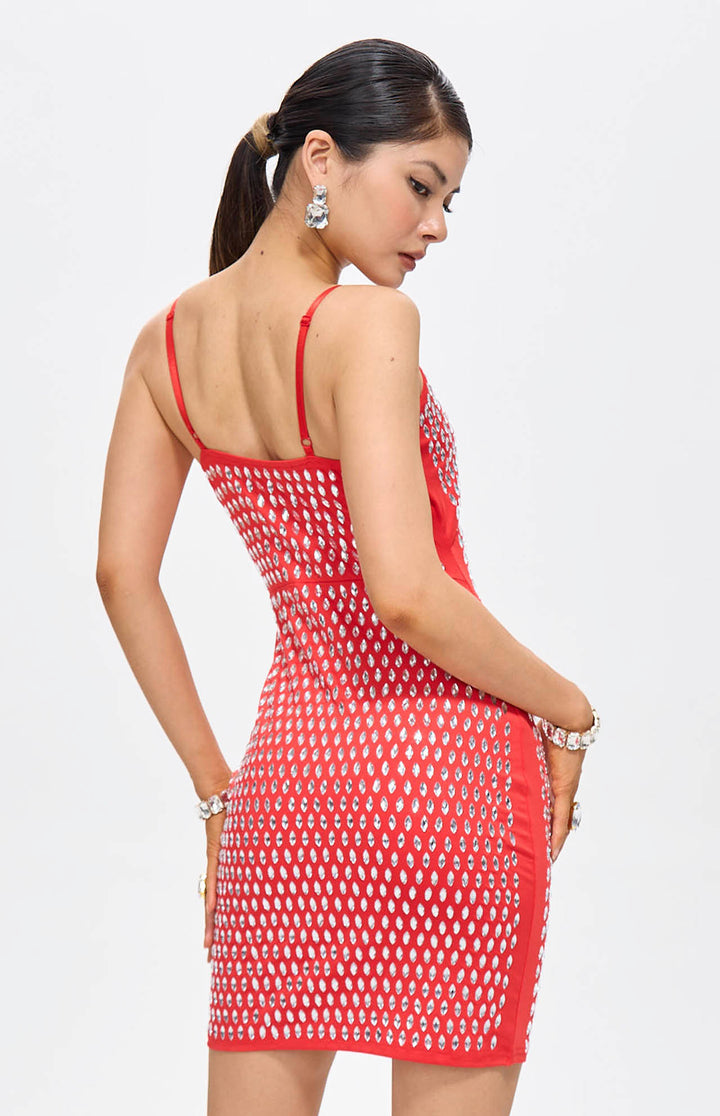 Nure Embellished Cut-Out Crystal Mini Dress Red.