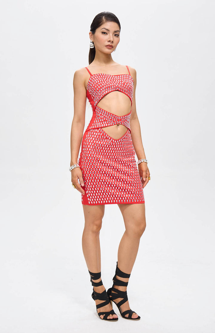 Nure Embellished Cut-Out Crystal Mini Dress Red.