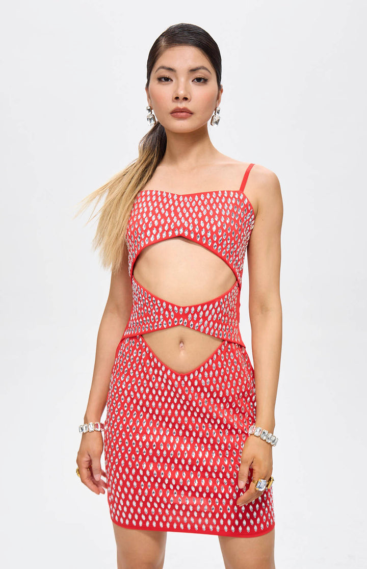 Nure Embellished Cut-Out Crystal Mini Dress Red.