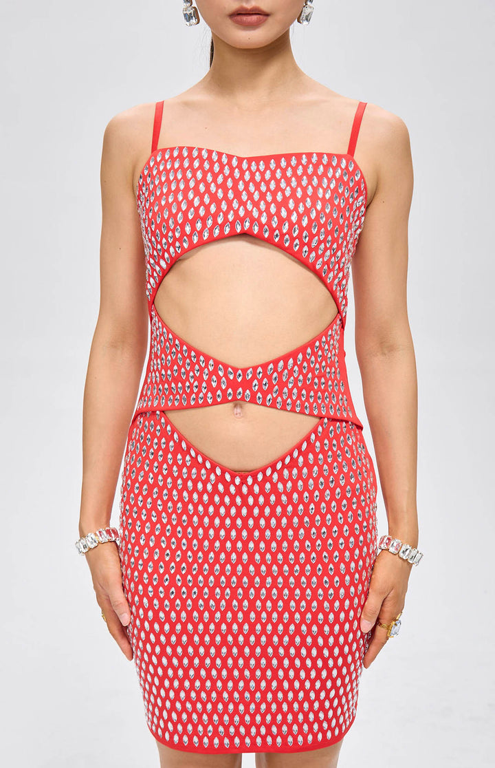 Nure Embellished Cut-Out Crystal Mini Dress Red.