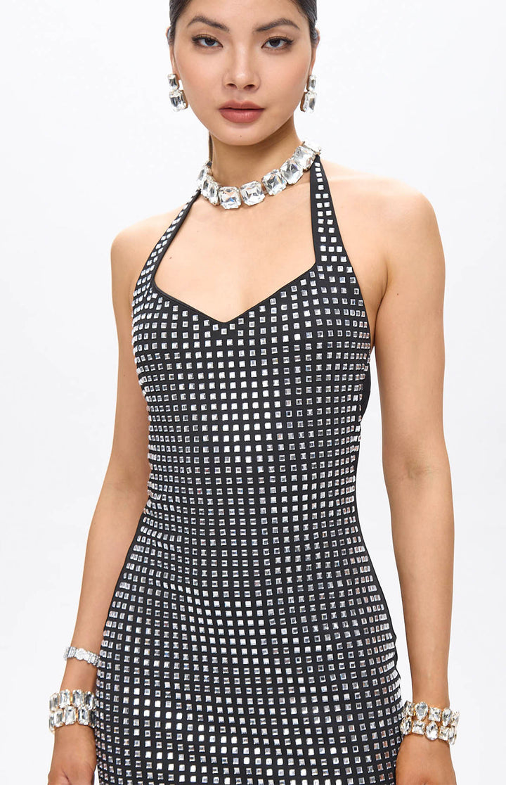 Ooca Embellished Crystal Mini Dress Black.