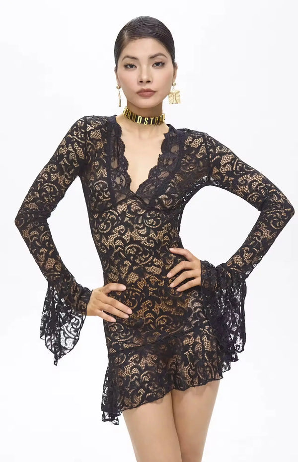 Seki V-Cut Floral Lace Mini Dress Black.
