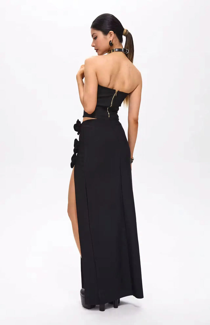 Tita Bandage Flower Decorated Maxi Skirt Black.