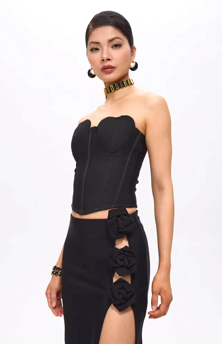 Tita Bandage Flower Decorated Maxi Skirt Black.