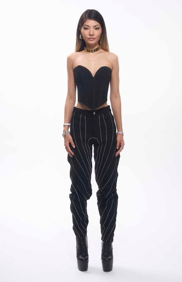 Trona Straps Embroidered Oval Shape Black Jeans Unisex.