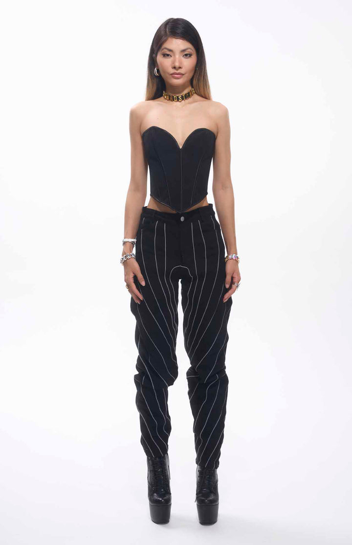 Trona Straps Embroidered Oval Shape Black Jeans Unisex.