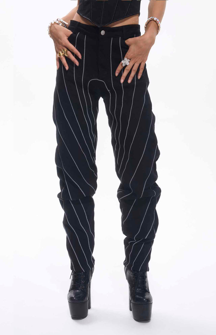 Trona Straps Embroidered Oval Shape Black Jeans Unisex.