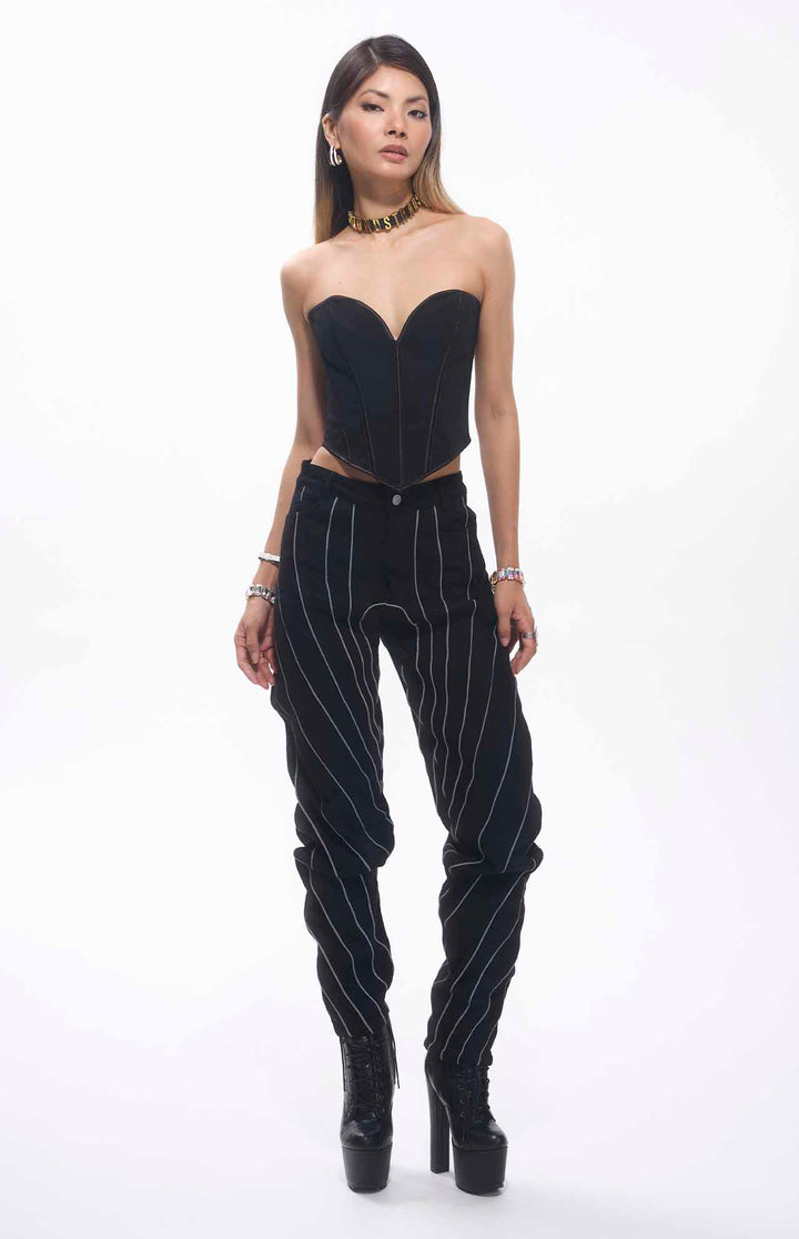 Trona Straps Embroidered Oval Shape Black Jeans Unisex.