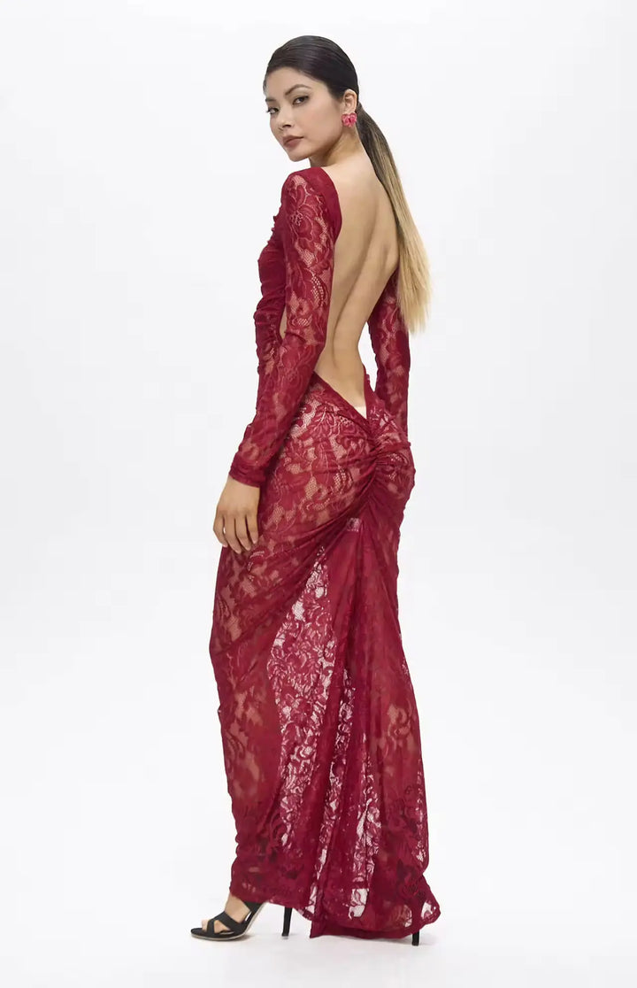 Turo Backless Floral Lace Maxi Dress Red.