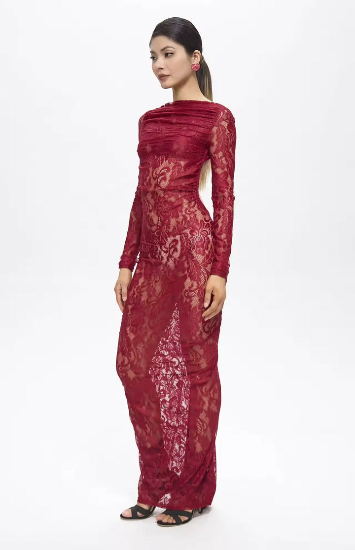 Turo Backless Floral Lace Maxi Dress Red.