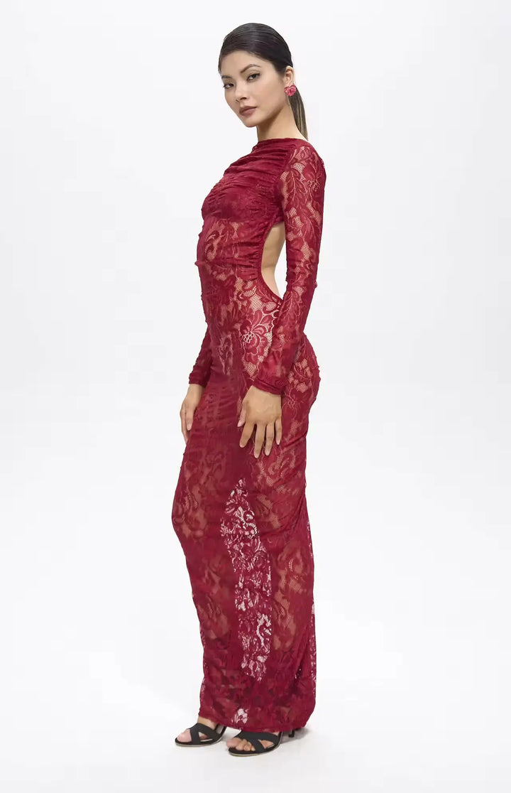 Turo Backless Floral Lace Maxi Dress Red.