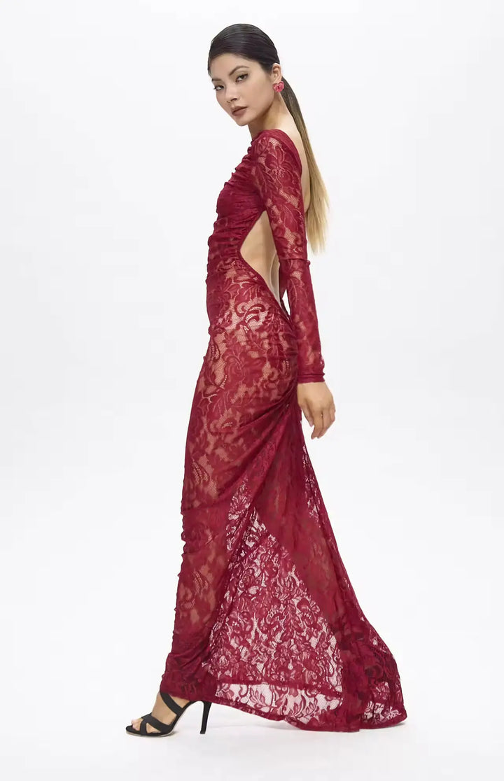 Turo Backless Floral Lace Maxi Dress Red.