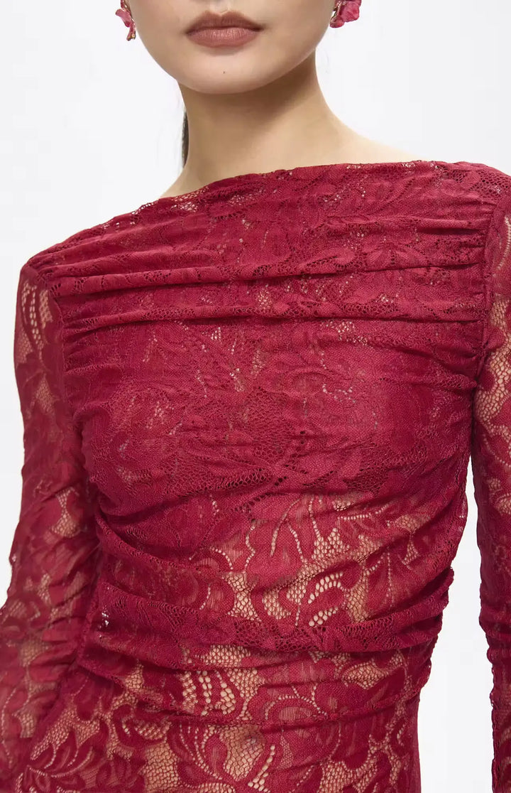 Turo Backless Floral Lace Maxi Dress Red.