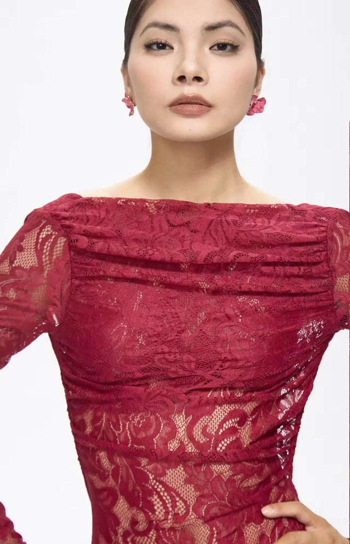 Turo Backless Floral Lace Maxi Dress Red.