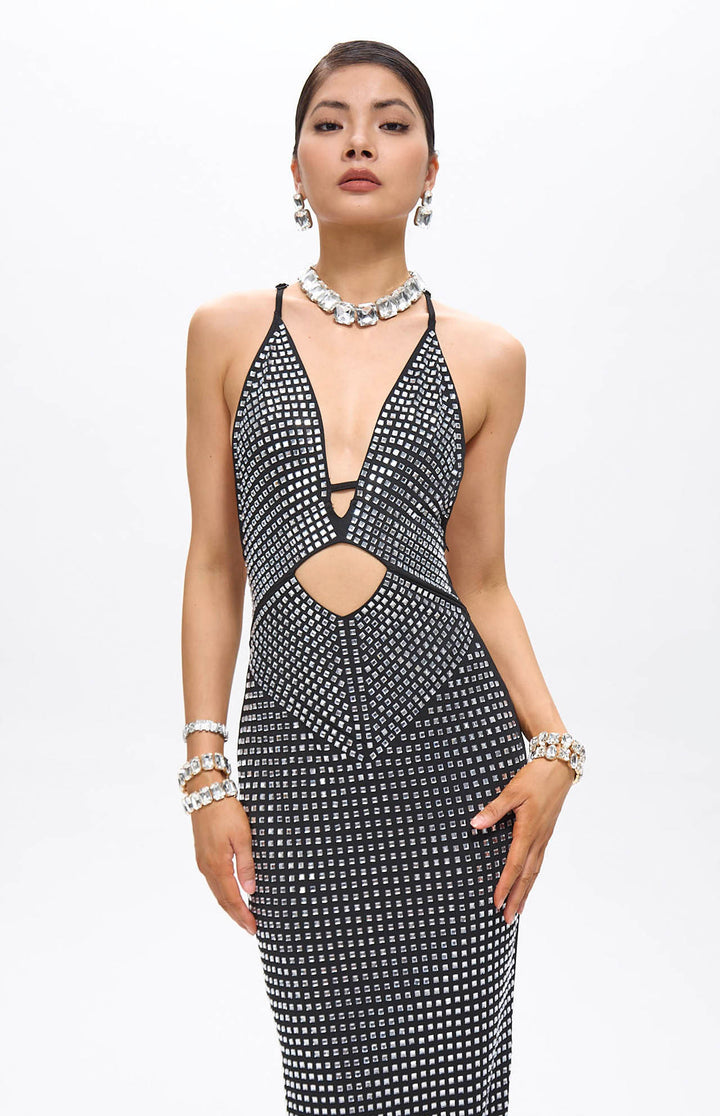 Vena Embellished Cut-Out Crystal Maxi Dress Black.