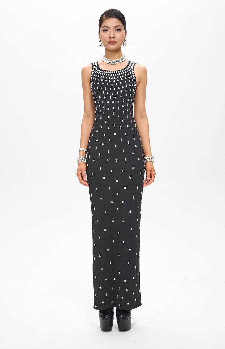 Zaka Black Embellished Crystal Maxi Dress.