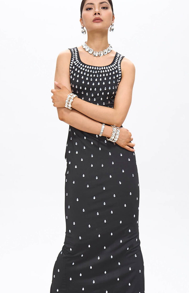 Zaka Black Embellished Crystal Maxi Dress.