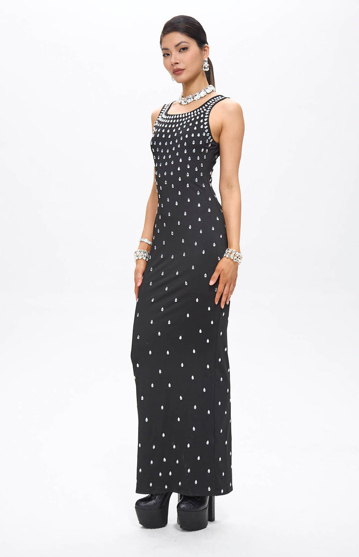 Zaka Black Embellished Crystal Maxi Dress.