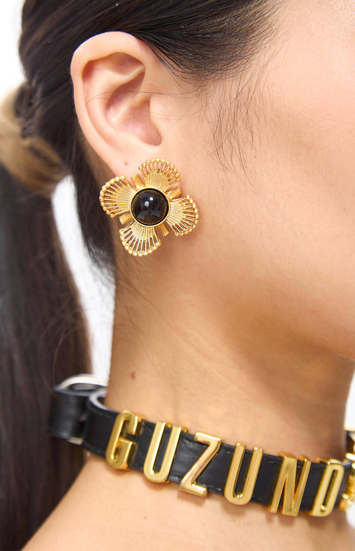 Zeera Black Agate Floral Clip-on Golden Earrings.