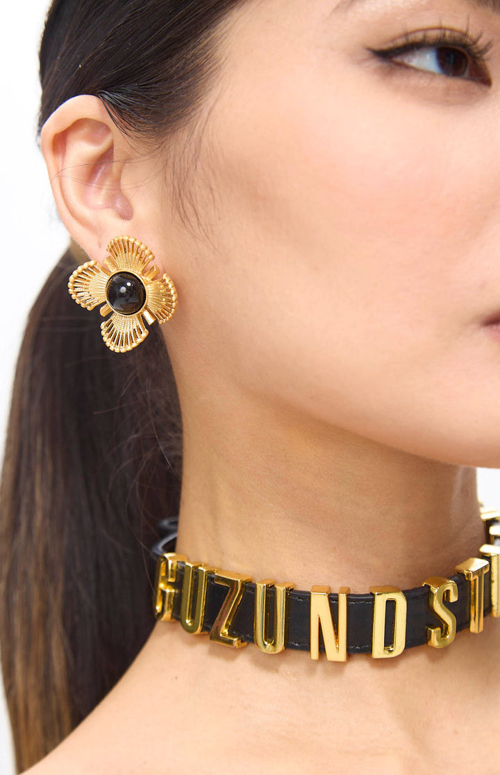 Zeera Black Agate Floral Clip-on Golden Earrings.