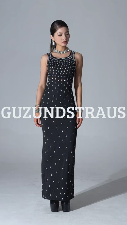 Zaka Black Embellished Crystal Maxi Dress.