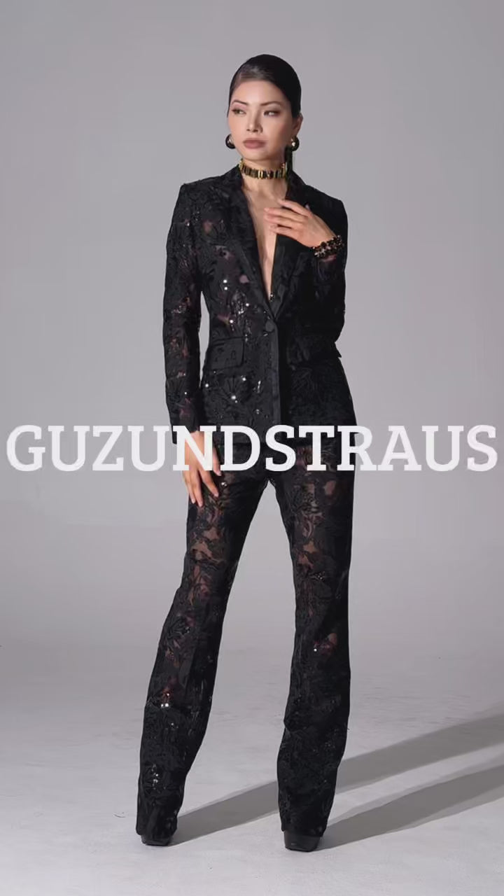Carie Sequin Floral Blazer Set Black.